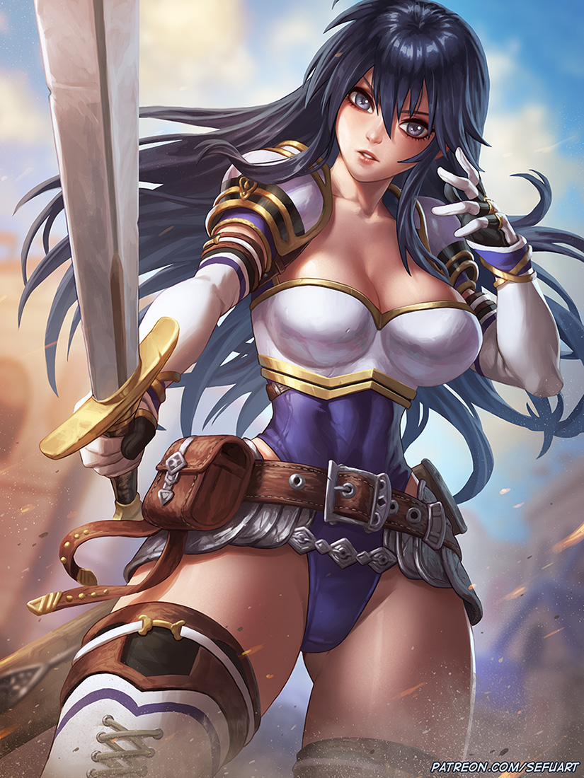 1girl aira_(fire_emblem) bare_shoulders belt black_hair breasts cleavage collarbone elbow_gloves fire_emblem fire_emblem_heroes gloves large_breasts leotard long_hair parted_lips pauldrons purple_leotard solo speh sword thigh-highs thighs violet_eyes weapon white_background white_legwear