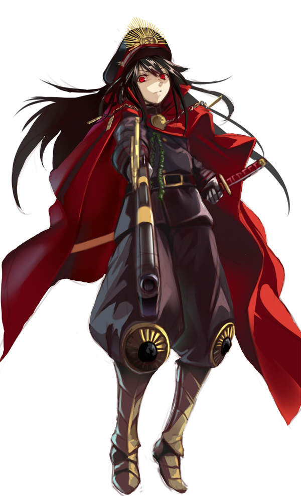 1girl armor armored_boots belt black_hair black_hat black_pants boots cape demon_archer fate/grand_order fate_(series) firing_at_viewer floating_hair full_body gloves grey_gloves gun hat hitosashiyubi holding holding_gun holding_sword holding_weapon katana long_hair looking_at_viewer military military_hat military_uniform pants red_cape red_eyes sheath sheathed simple_background solo standing sword uniform very_long_hair weapon white_background