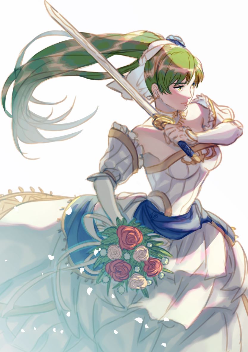 1girl bare_shoulders bouquet bridal_veil bride dress elbow_gloves fire_emblem fire_emblem:_rekka_no_ken fire_emblem_heroes flower gloves green_eyes green_hair krazehkai long_hair lyndis_(fire_emblem) ponytail solo strapless strapless_dress veil weapon wedding_dress white_dress