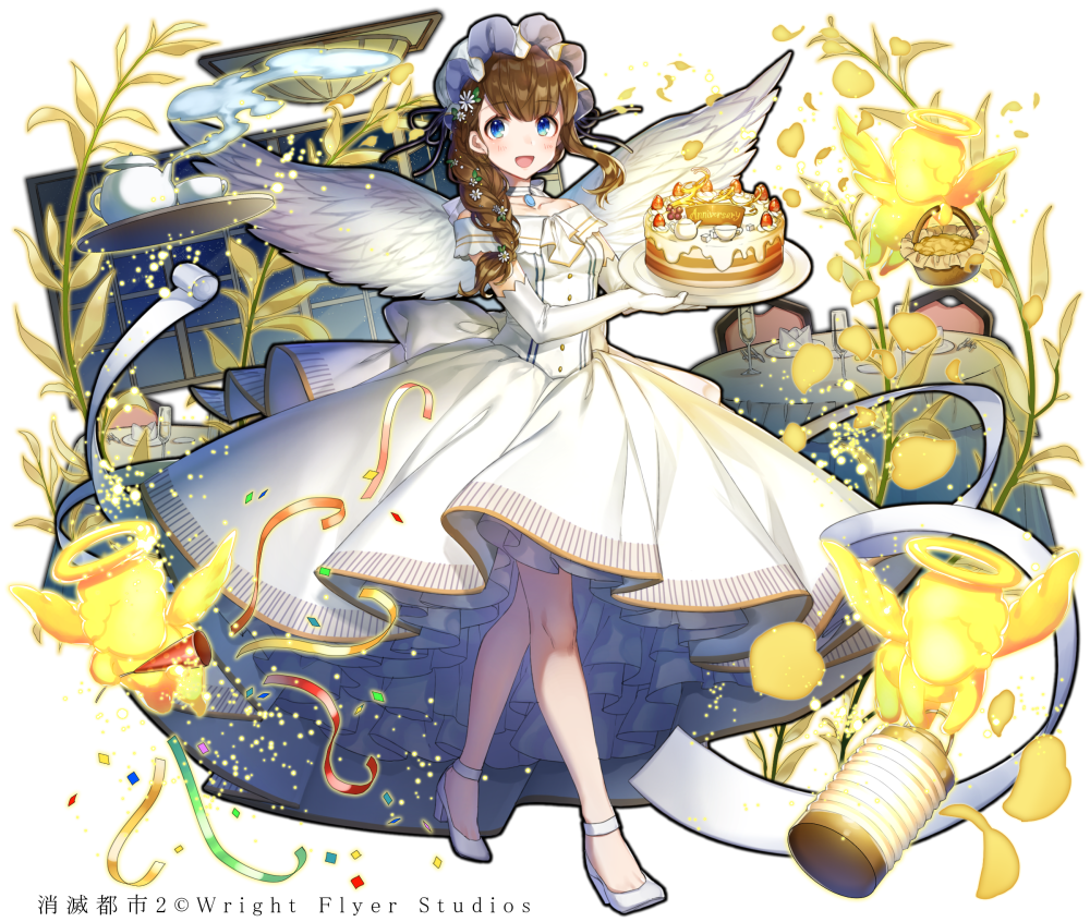 1girl :d blue_eyes braid brown_hair cake cherub dress elbow_gloves food full_body gloves halo hat long_hair looking_at_viewer mob_cap official_art open_mouth plate shirako_miso shoumetsu_toshi_2 smile solo teapot white_dress white_footwear white_wings wings