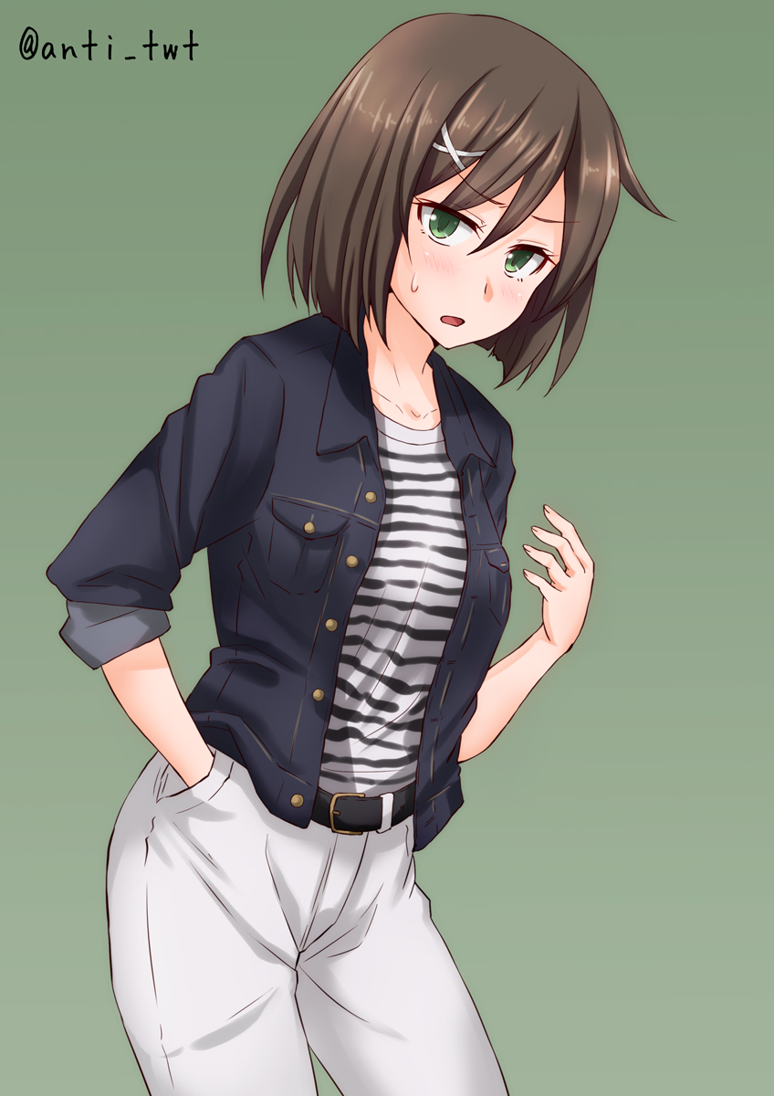 alternate_costume anti_(untea9) belt blue_jacket blush bob_cut brown_hair collarbone eyebrows_visible_through_hair green_background green_eyes hair_between_eyes hair_ornament hand_in_pocket hand_up highres jacket kantai_collection looking_at_viewer maya_(kantai_collection) open_clothes open_jacket pants short_hair sleeves_rolled_up slouching sweatdrop white_pants