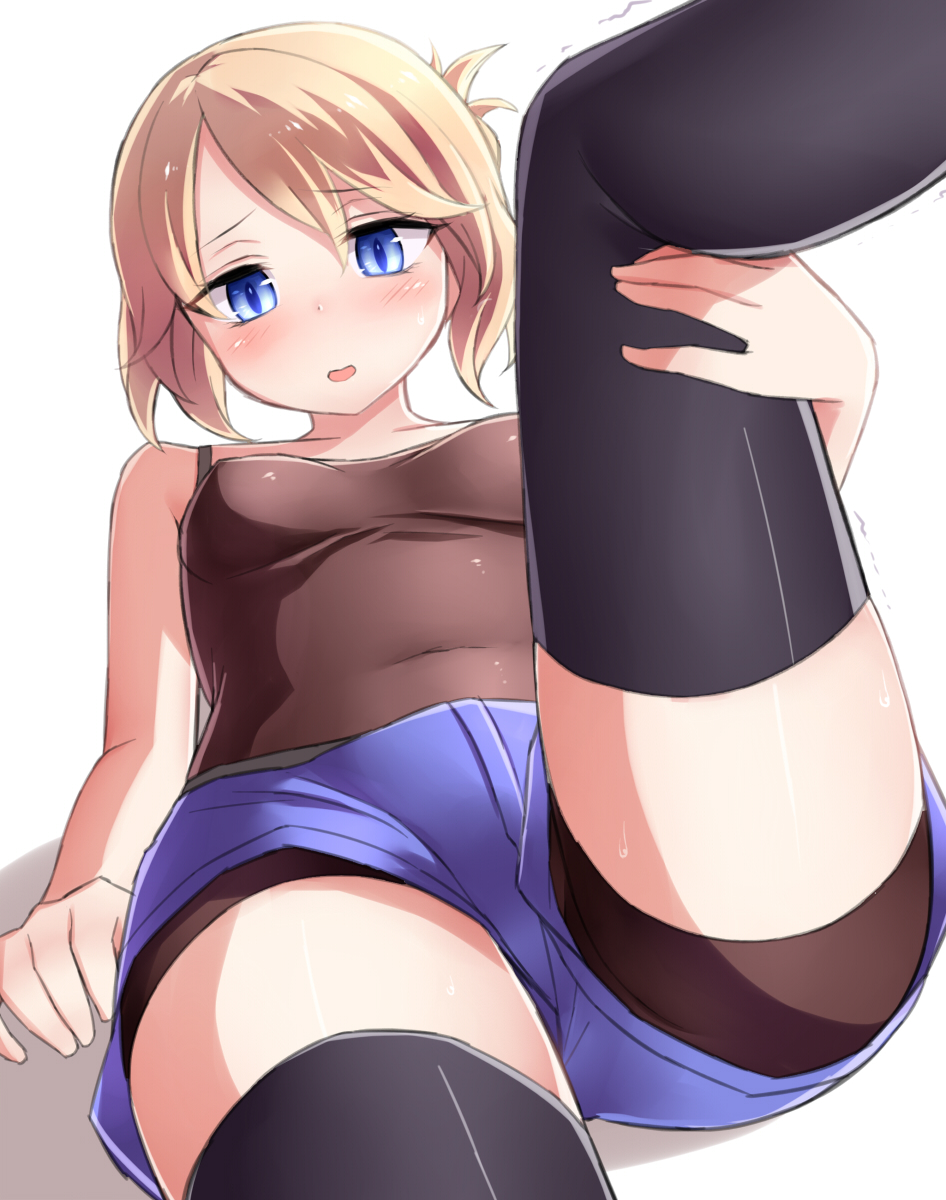 1girl blonde_hair blue_eyes blush commentary_request folded_ponytail hair_between_eyes hand_on_leg highres leg_up lying neit_ni_sei on_back open_mouth original pala_bergsson shadow shiny shiny_skin shorts sleeveless solo tank_top thigh-highs thighs trembling white_background
