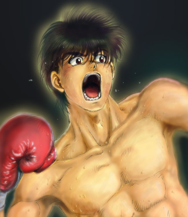 1boy abs black_background black_hair boxing_gloves brown_eyes collarbone flying_sweatdrops hajime_no_ippo makunouchi_ippo male_focus muscle open_mouth shinobibe_himika shirtless solo sweat