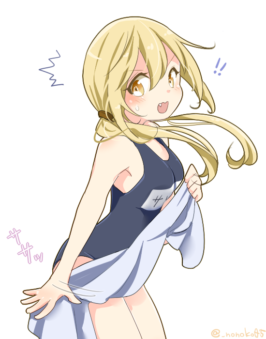 !! 1girl blonde_hair blush embarrassed fang kantai_collection long_hair mitsu_(nonoko05) satsuki_(kantai_collection) school_swimsuit shirt solo swimsuit twintails undressing yellow_eyes