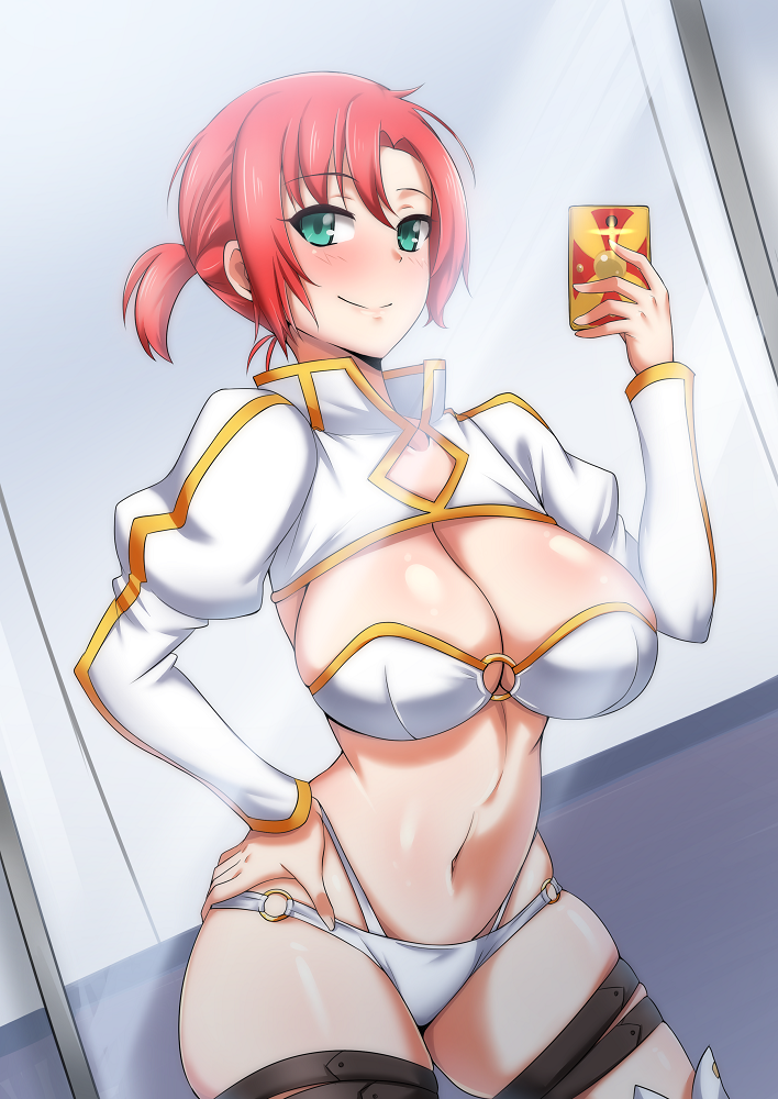 1girl ayuayu_(shouyu_no_sato) blush boudica_(fate/grand_order) bra breasts camera_flash cellphone cleavage closed_mouth commentary_request cropped_jacket dutch_angle fate/grand_order fate_(series) green_eyes hand_on_hip hand_up holding holding_cellphone holding_phone indoors juliet_sleeves large_breasts long_sleeves looking_at_viewer mirror navel o-ring_bottom o-ring_top phone puffy_sleeves redhead self_shot short_ponytail sidelocks smartphone smile solo thigh-highs thigh_strap thong underwear