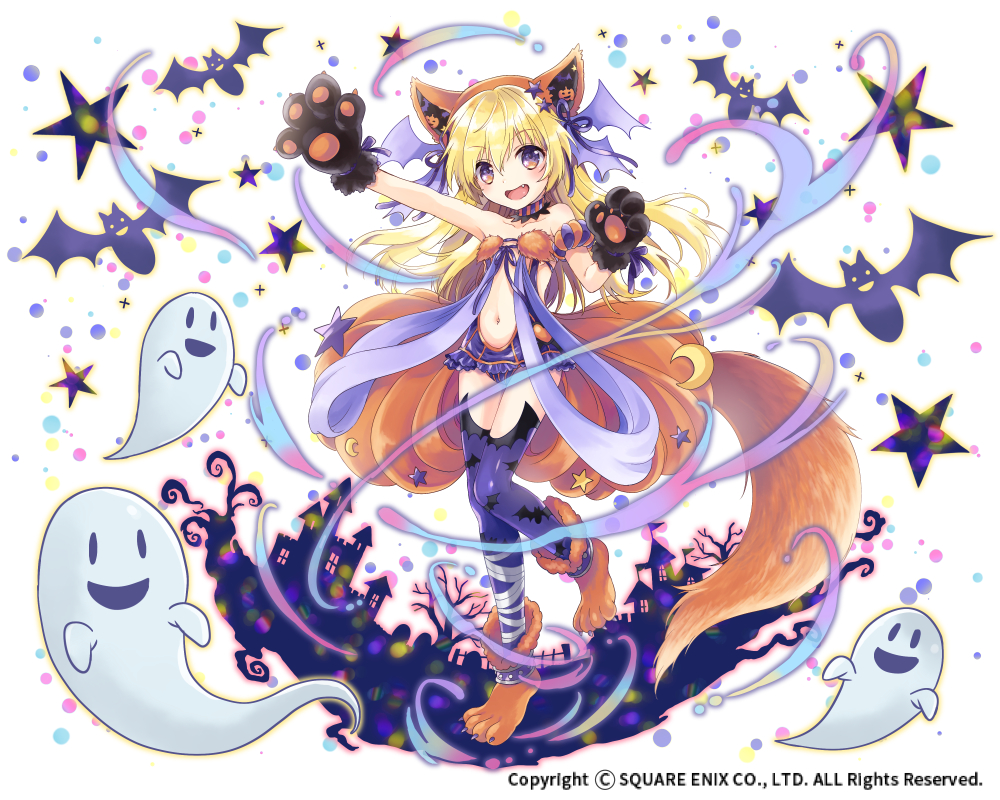1girl :d animal_ears animal_print arm_up armband bandage bandaged_leg bare_shoulders bat bat_print bat_wings blonde_hair center_opening collarbone crescent fake_animal_ears fang frilled_swimsuit frills full_body ghost gloves graveyard head_tilt head_wings jack-o'-lantern kai-ri-sei_million_arthur kona_(canaria) long_hair looking_at_viewer multicolored multicolored_eyes navel official_art one-piece_swimsuit open_mouth orange_eyes outstretched_arm paw_gloves paw_shoes paws print_legwear purple_legwear purple_ribbon purple_swimsuit purple_wings ribbon shoes smile solo sparkle standing standing_on_one_leg star strapless strapless_swimsuit swimsuit tail thigh-highs tombstone very_long_hair violet_eyes wings wolf_ears wolf_tail