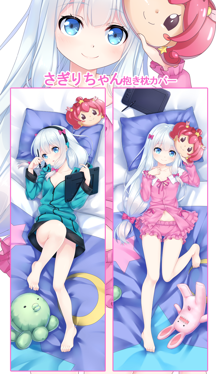 1girl barefoot black_hairband blue_eyes blue_sweater blush bow breasts cleavage collarbone dakimakura dress_shirt eromanga_sensei eyebrows_visible_through_hair feet frilled_shorts frills from_above full_body hair_bow hairband headband highres holding holding_pen izumi_sagiri long_hair looking_at_viewer lying mask mask_on_head menggongfang multiple_views naked_sweater navel on_back open_clothes open_shirt partially_unzipped pink_shirt pink_shorts red_bow shirt short_shorts shorts silver_hair small_breasts smile stomach sweater toes very_long_hair