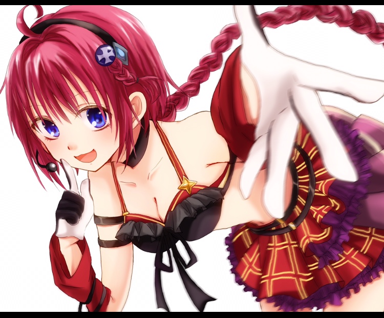 1girl :d alternate_costume bare_shoulders blue_eyes bra braid breasts checkered checkered_skirt choker cleavage collarbone detached_sleeves frilled_bra frilled_skirt frills gloves hair_ornament hairclip idol_clothes kurosaki_mea long_hair looking_at_viewer medium_breasts microphone open_mouth pointing pointing_at_self reaching_out redhead simple_background skirt smile solo to_love-ru underwear very_long_hair white_background