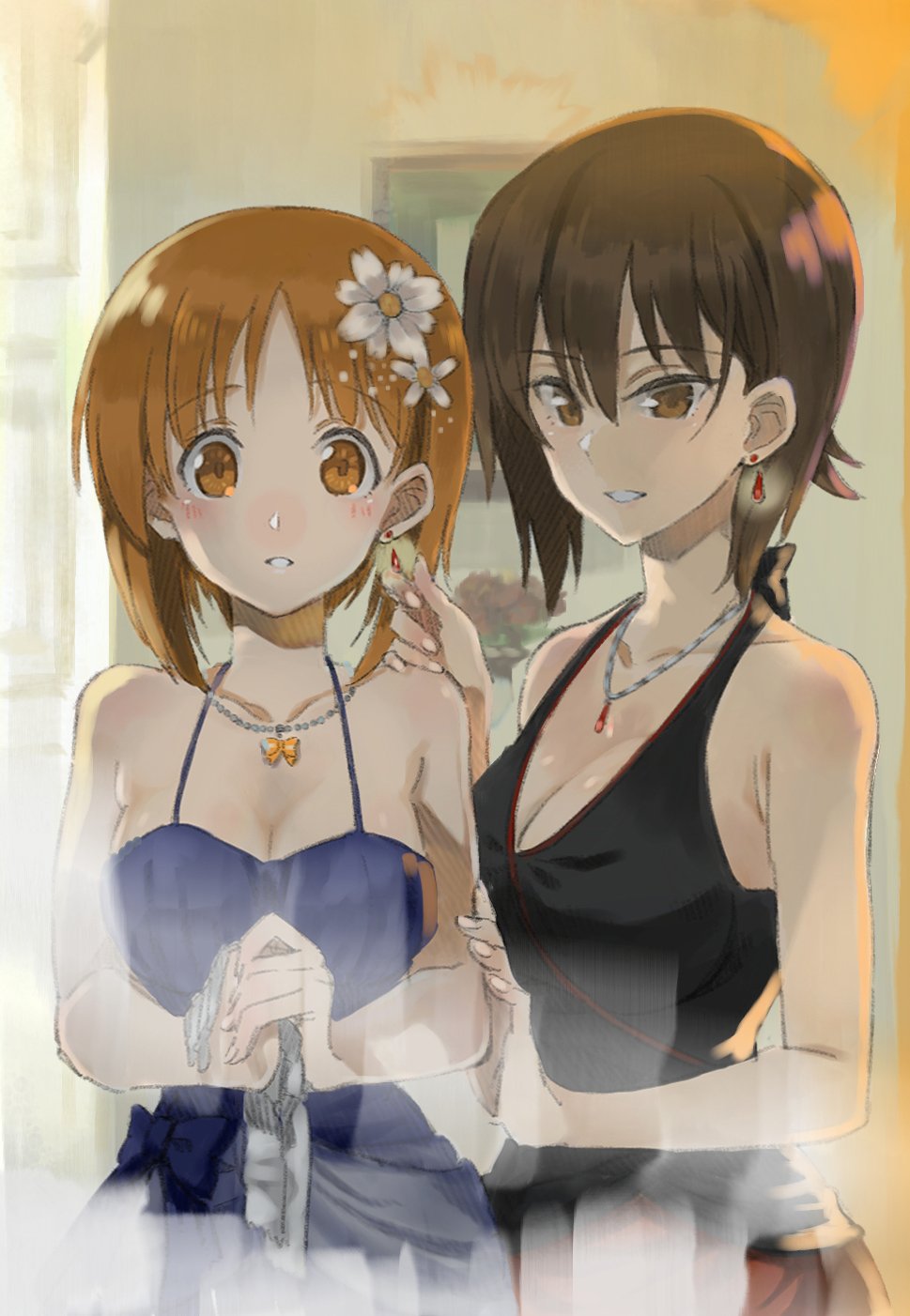 2girls black_dress blue_dress breasts brown_eyes brown_hair cleavage collarbone cosmic_(crownclowncosmic) dress eyebrows_visible_through_hair flower girls_und_panzer gloves hair_between_eyes hair_flower hair_ornament hand_on_another's_arm hand_on_another's_shoulder highres indoors jewelry large_breasts medium_breasts multiple_girls necklace nishizumi_maho nishizumi_miho own_hands_together parted_lips reflection short_hair siblings single_earring sisters tareme tsurime