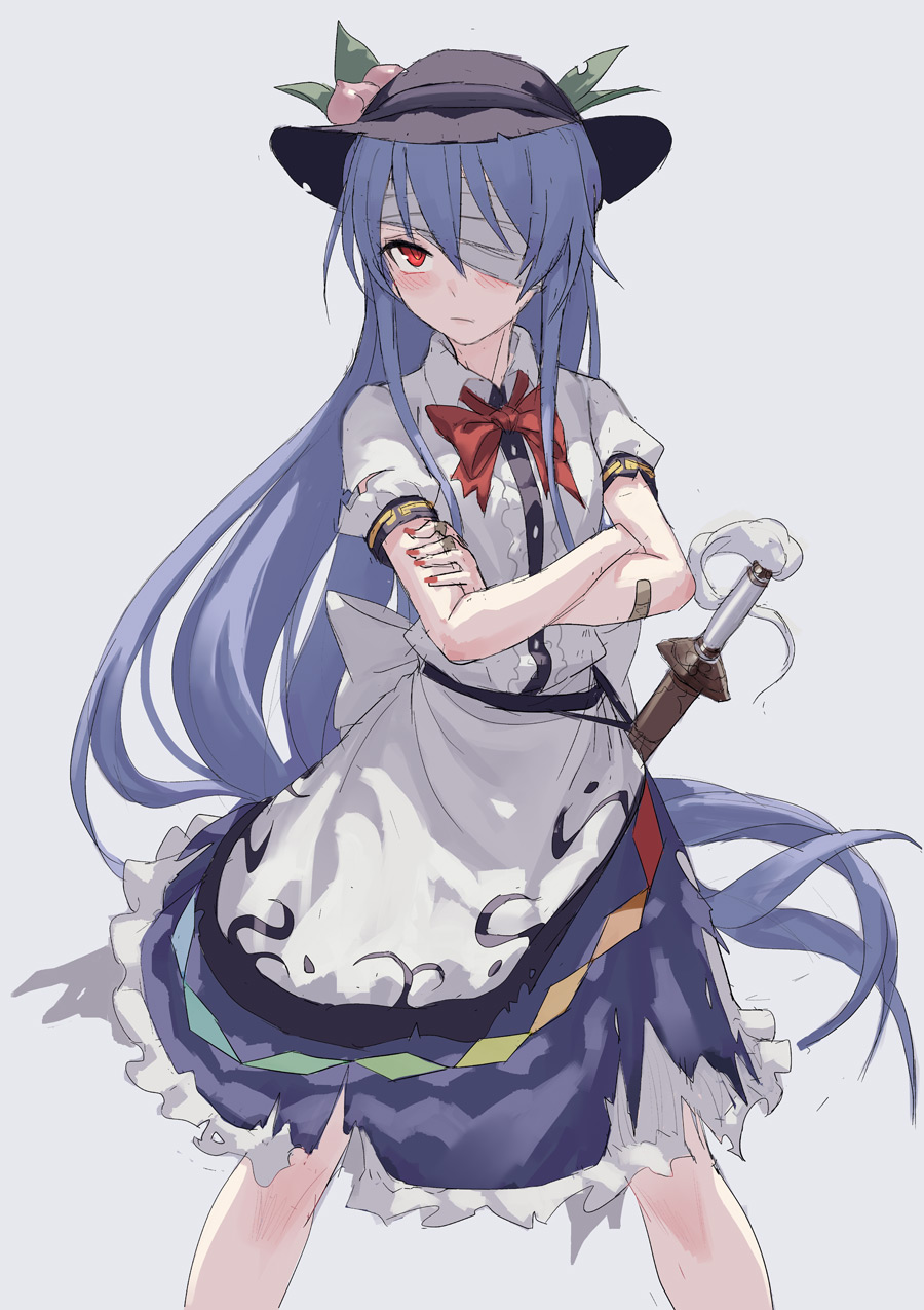 1girl bandage_over_one_eye bandaid_on_arm bangs black_hat blue_hair blue_skirt bow bowtie collared_shirt crossed_arms fkey food fruit hat highres hinanawi_tenshi legs_apart long_hair looking_at_viewer nail_polish peach red_eyes red_nails red_neckwear shirt skirt solo standing sword touhou very_long_hair weapon white_shirt wing_collar