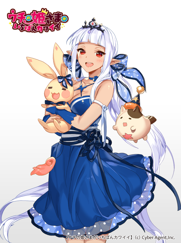 ;d animal blue_dress breasts cat cleavage copyright_name dress empew holding holding_animal looking_at_viewer medium_breasts official_art one_eye_closed open_mouth pointy_ears rabbit red_eyes smile standing tan_skin tiara uchi_no_hime-sama_ga_ichiban_kawaii watermark white_hair