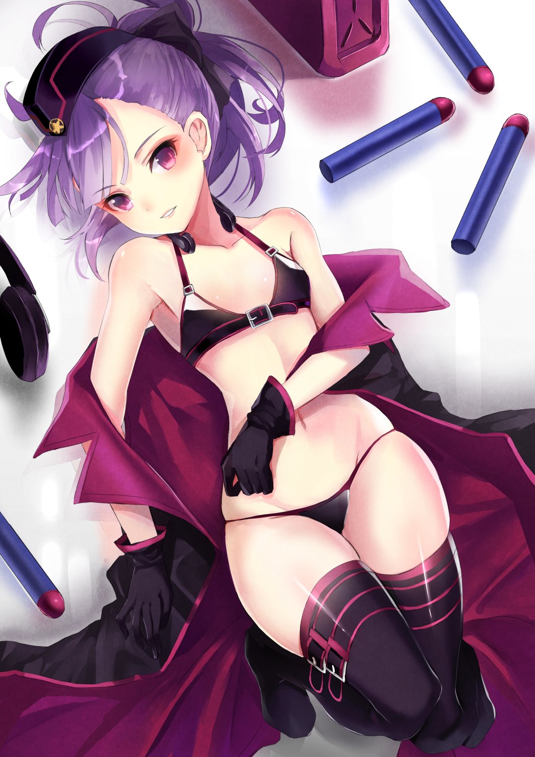 1girl bangs bare_shoulders belt_buckle bikini black_bikini black_footwear black_gloves boots buckle coat collarbone fate/grand_order fate_(series) flat_chest garrison_cap gloves groin hair_ribbon hat headphones helena_blavatsky_(fate/grand_order) helena_blavatsky_(swimsuit_archer)_(fate) highres knees_up looking_at_viewer lying navel on_back parted_lips pecco_chan ponytail purple_hair ribbon short_hair solo star swimsuit thigh-highs thigh_boots throat_microphone violet_eyes
