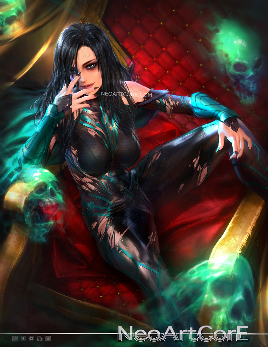 1girl bare_shoulders bodysuit breasts fingers green_eyes hands hela_(marvel) light_smile lips looking_at_viewer marvel nudtawut_thongmai signature skull solo spread_legs thighs