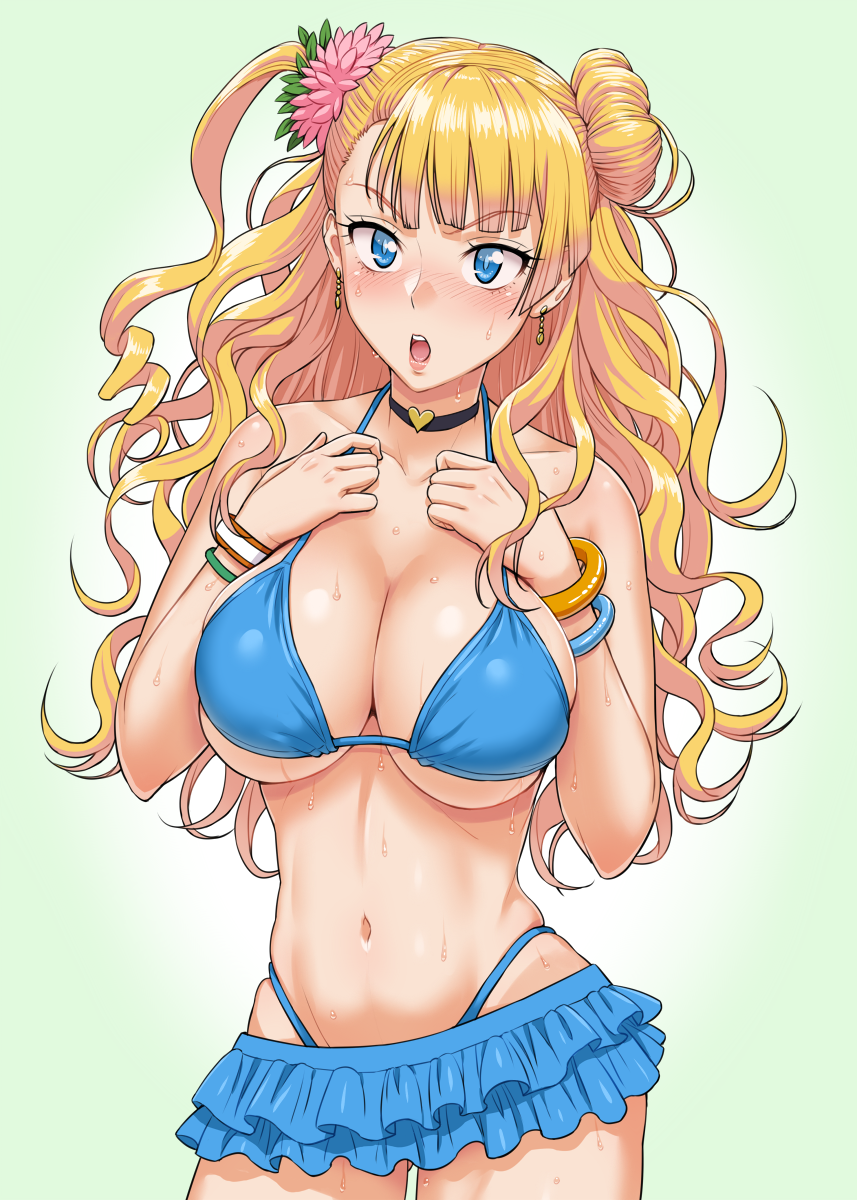 1girl asymmetrical_hair bangs bare_shoulders bikini bikini_skirt blonde_hair blue_bikini blue_eyes blush breasts choker cleavage collarbone commentary_request cowboy_shot earrings galko green_background gyaru highres jewelry kogal large_breasts lips long_hair looking_at_viewer navel nigou one_side_up open_mouth oshiete!_galko-chan scrunchie shiny shiny_hair shiny_skin side_bun skindentation solo standing swimsuit teeth under_boob wavy_hair wet wristband