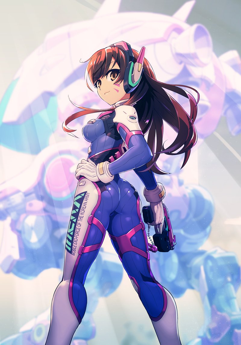 1girl ass bodysuit breasts brown_eyes brown_hair closed_mouth d.va_(overwatch) facepaint facial_mark gloves gun hands_on_hips headphones holding holding_gun holding_weapon long_hair looking_at_viewer looking_back mecha meka_(overwatch) overwatch pilot_suit skin_tight solo standing tagme weapon whisker_markings white_gloves