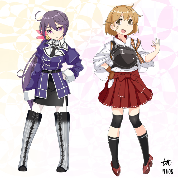 &gt;:( 2girls ahoge akebono_(kantai_collection) anchor_symbol arm_at_side bandaid bandaid_on_face bell belt belt_buckle black_eyes black_legwear black_neckwear black_skirt blush boots brown_hair buckle closed_mouth commentary_request contrapposto cosplay dated flower full_body gloves gradient_footwear hair_bell hair_flower hair_ornament hakama_skirt japanese_clothes jingle_bell juliet_sleeves kantai_collection knee_boots knee_pads kneehighs legs_apart long_hair long_sleeves looking_at_viewer multiple_girls muneate nachi_(kantai_collection) nachi_(kantai_collection)_(cosplay) necktie oboro_(kantai_collection) pantyhose partly_fingerless_gloves pencil_skirt puffy_sleeves purple_hair red_skirt short_hair side_ponytail signature single_glove skirt standing striped striped_footwear tun vertical_stripes very_long_hair violet_eyes white_legwear yugake zuikaku_(kantai_collection) zuikaku_(kantai_collection)_(cosplay)