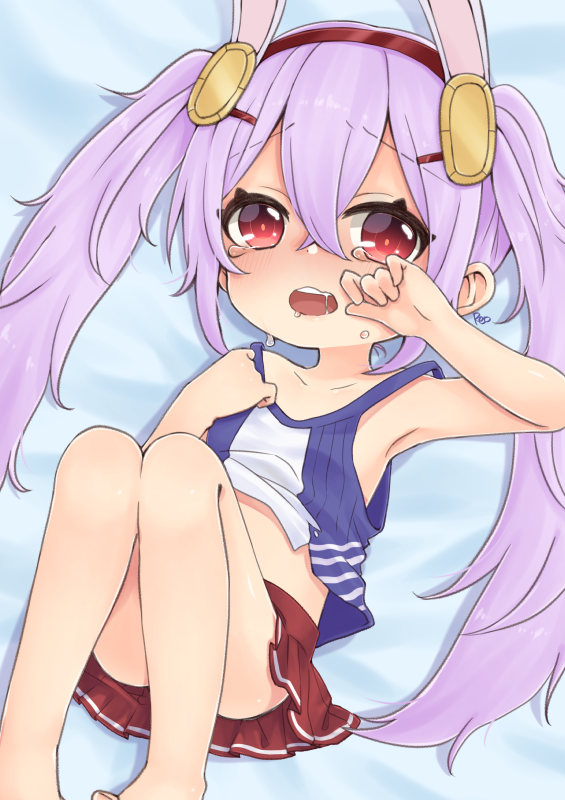1girl animal_ears armpits azur_lane bangs bare_arms bare_legs bed_sheet camisole camisole_lift collarbone eyebrows_visible_through_hair hair_between_eyes hairband headgear laffey_(azur_lane) long_hair looking_at_viewer lying on_back open_mouth pleated_skirt purple_hair rabbit_ears red_eyes red_hairband red_skirt reo_(re2kn) saliva sidelocks skirt solo tears twintails very_long_hair