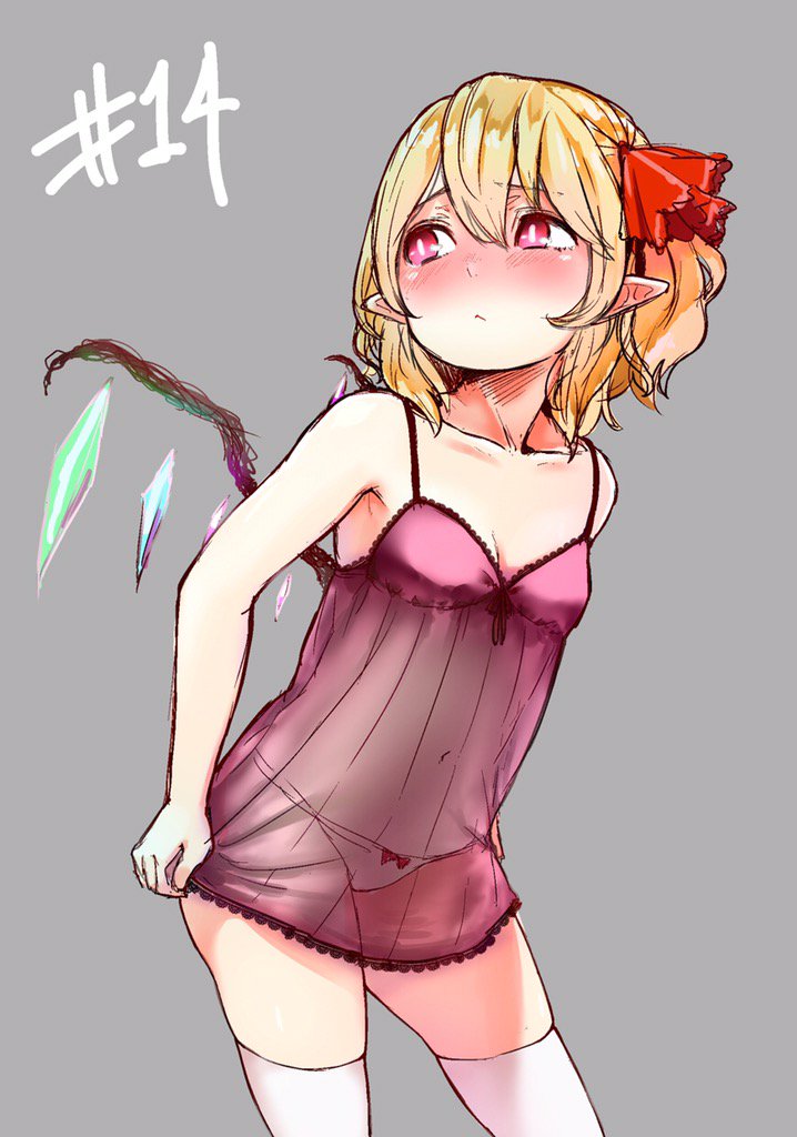 1girl bare_arms bare_shoulders blonde_hair blush bow bow_panties breasts contrapposto danji_aq embarrassed flandre_scarlet grey_background hair_ribbon lingerie looking_up navel negligee panties pointy_ears red_bow red_eyes red_ribbon ribbon see-through simple_background sketch small_breasts solo thigh-highs touhou underwear white_legwear white_panties wings