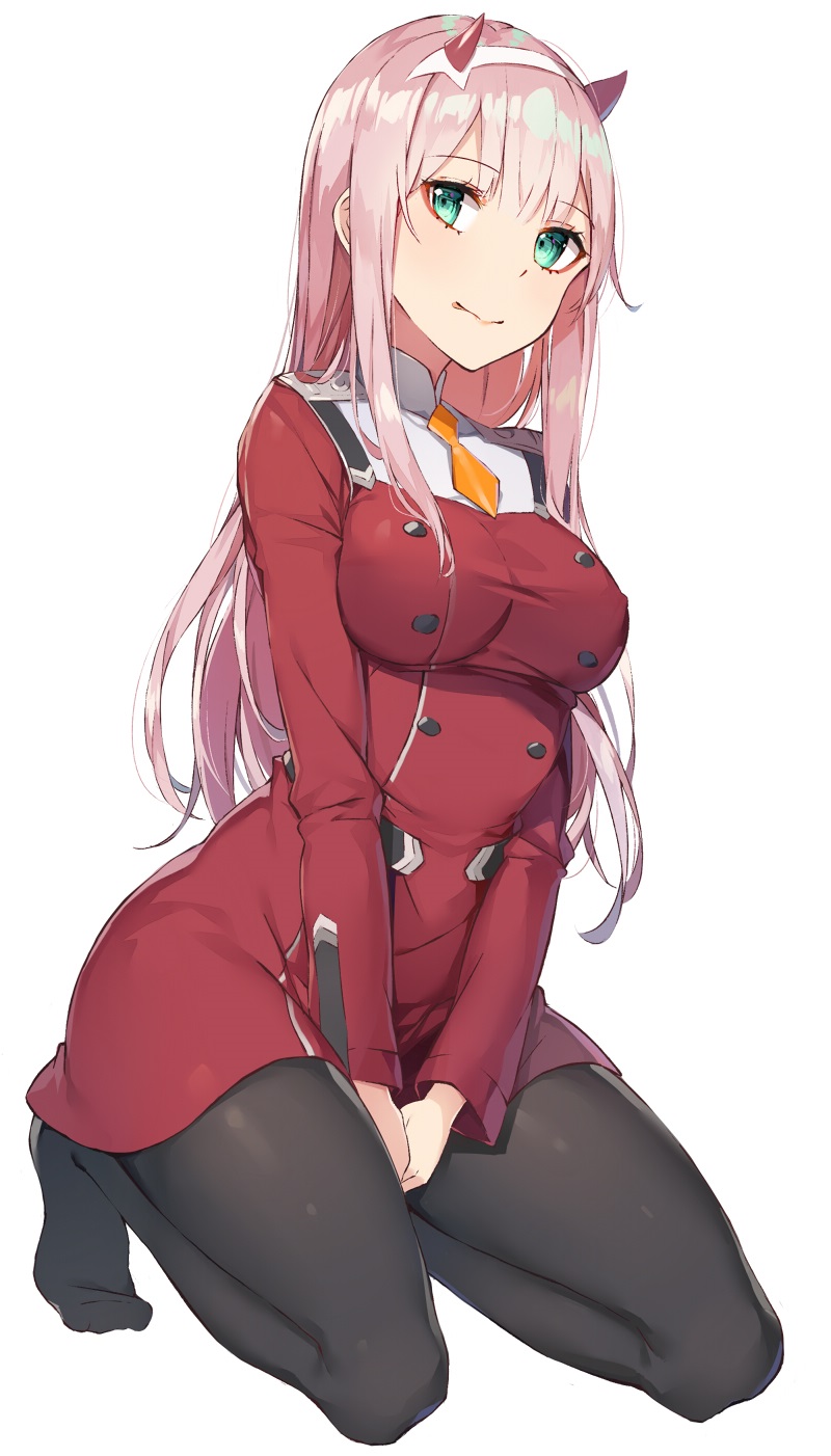 1girl aqua_eyes black_legwear breasts closed_mouth darling_in_the_franxx double-breasted dress hairband highres horns large_breasts long_hair long_sleeves looking_to_the_side orange_neckwear pantyhose pink_hair red_dress rikoma shiny shiny_hair straight_hair white_background zero_two_(darling_in_the_franxx)