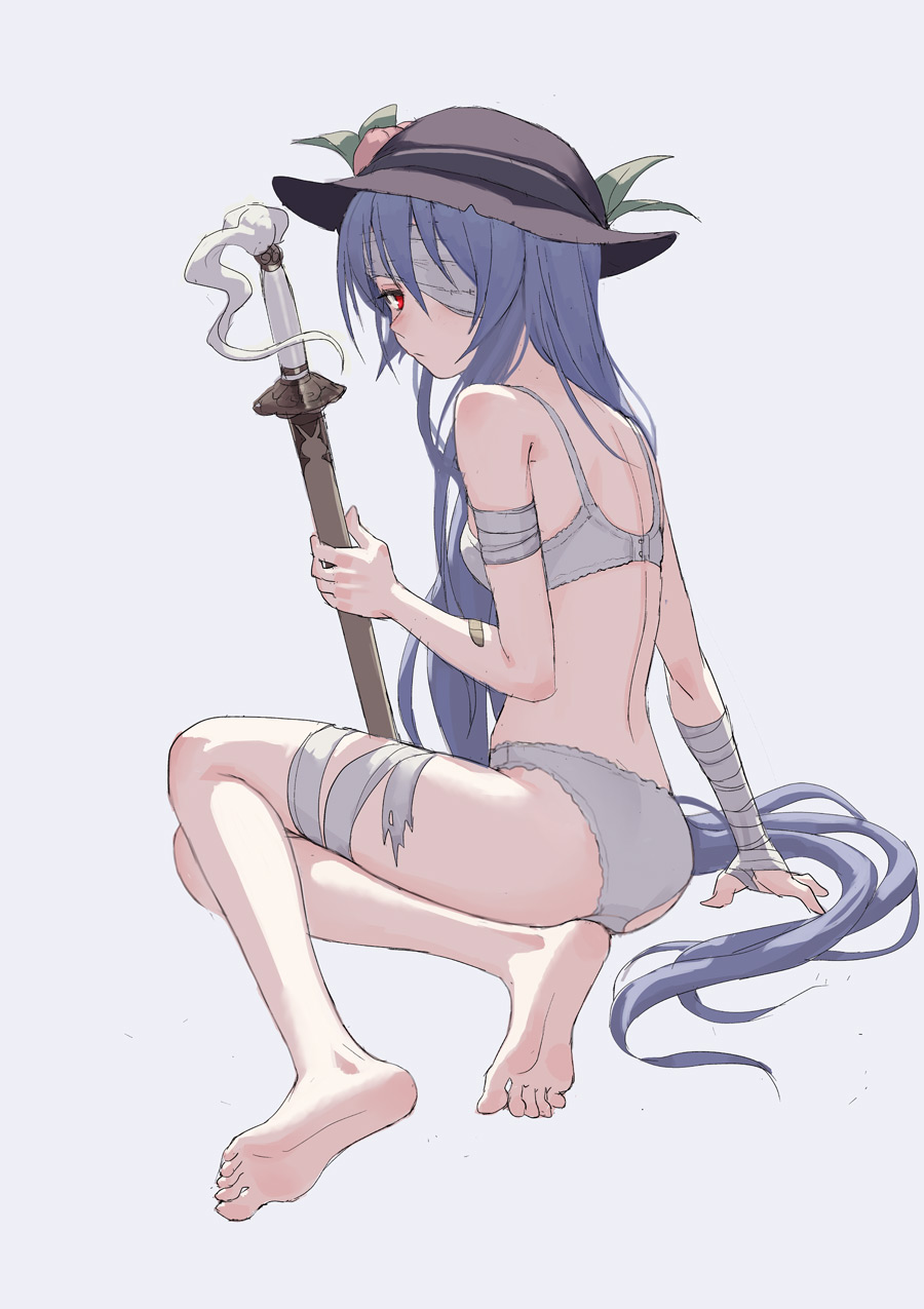 1girl back bandage bandage_over_one_eye bandaged_arm bandaged_leg bandaid_on_arm bare_shoulders barefoot blue_hair bra breasts feet fkey grey_bra grey_panties hat highres hinanawi_tenshi long_hair panties red_eyes simple_background sitting small_breasts soles solo sword toes touhou underwear underwear_only very_long_hair weapon yokozuwari