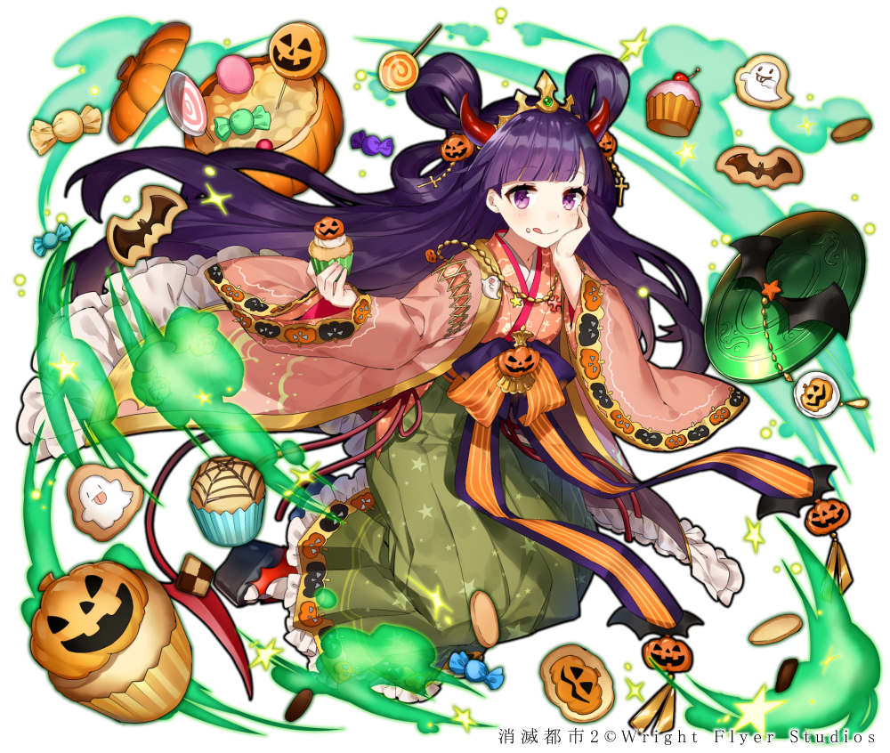 1girl candy cookie crown cupcake food food_themed_hair_ornament hair_ornament hair_rings hand_on_own_cheek holding holding_food jack-o'-lantern japanese_clothes jewelry kimono licking_lips lollipop long_hair looking_at_viewer necklace official_art pumpkin pumpkin_hair_ornament purple_hair shirako_miso shoumetsu_toshi_2 solo sweets tongue tongue_out very_long_hair violet_eyes watermark wide_sleeves wrapped_candy