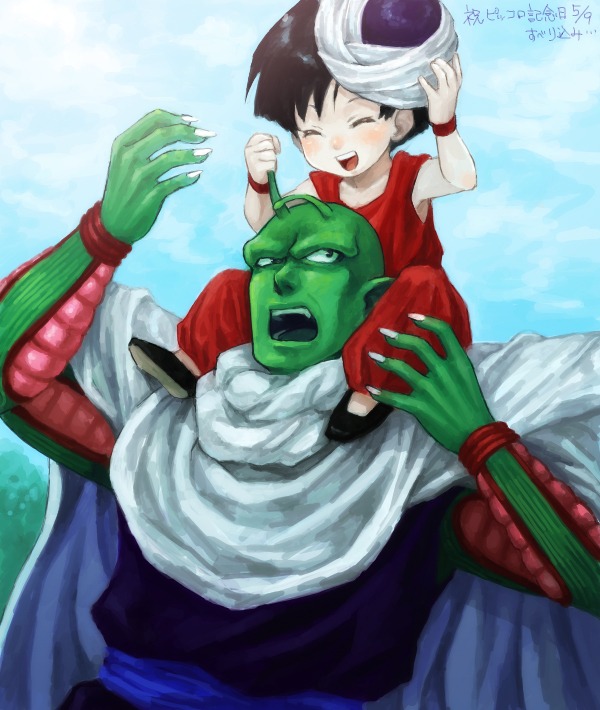 1boy 1girl acha annoyed black_hair cape closed_eyes clouds day dougi dragon_ball dragonball_z green_skin happy looking_at_another open_mouth pan_(dragon_ball) piccolo short_hair sky smile turban wristband