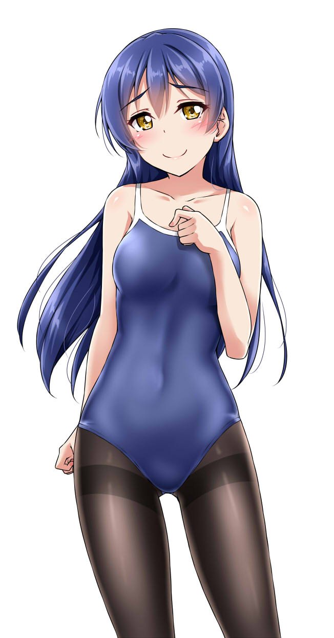 1girl bangs black_legwear blue_hair blue_swimsuit blush commentary_request cowboy_shot hair_between_eyes hand_on_own_chest highres long_hair looking_at_viewer love_live! love_live!_school_idol_project pantyhose school_swimsuit simple_background smile solo sonoda_umi swimsuit white_background yellow_eyes yopparai_oni