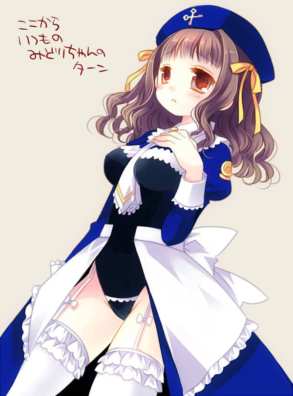 1girl apron bangs beige_background black_leotard blue_dress blue_hat blush brown_eyes brown_hair dress dutch_angle eyebrows_visible_through_hair fingernails frilled_apron frilled_legwear frills garter_straps hair_ribbon hand_on_own_chest hat higanbana_no_saku_yoru_ni juliet_sleeves kusunoki_midori leotard long_sleeves looking_away necktie parted_lips puffy_sleeves ribbon sakurazawa_izumi simple_background solo thigh-highs translation_request waist_apron wavy_hair white_apron white_legwear white_neckwear yellow_ribbon