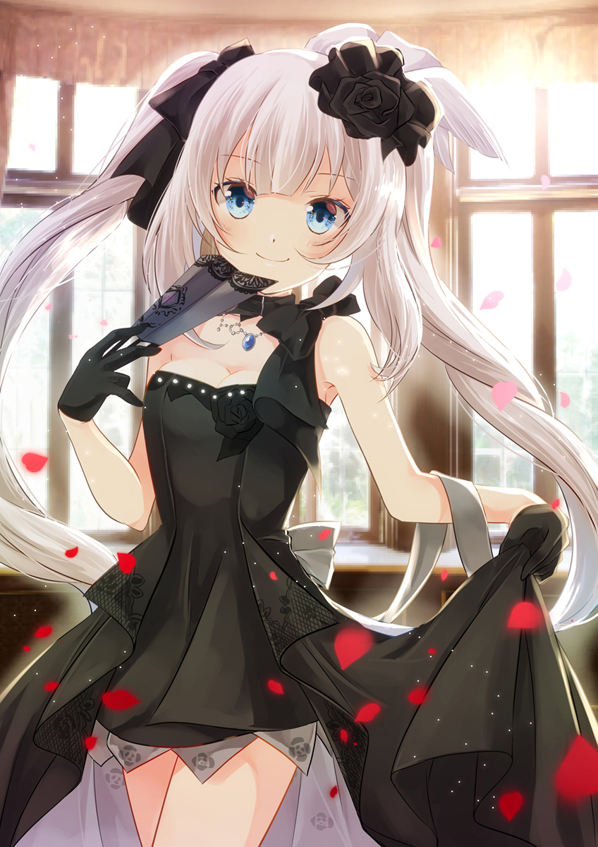 1girl black_gloves black_ribbon blue_eyes blush breasts choker cleavage cowboy_shot dress fan fate/grand_order fate_(series) floating_hair gloves hair_ribbon highres holding holding_fan indoors iroha_(shiki) jewelry long_hair looking_at_viewer marie_antoinette_(fate/grand_order) medium_breasts necklace petals ribbon short_dress silver_hair skirt_hold sleeveless sleeveless_dress smile solo standing strapless strapless_dress twintails very_long_hair windows