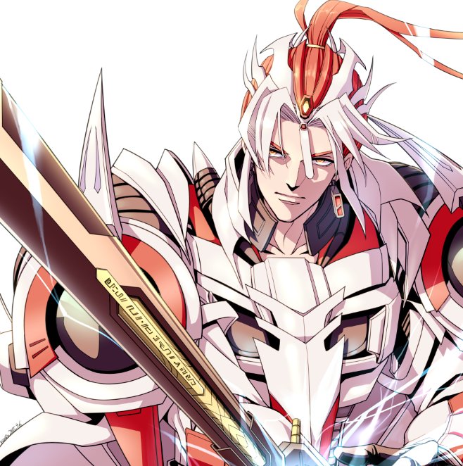1boy autobot drift forrd0101 humanization katana long_hair looking_at_viewer machinery personification simple_background solo sword transformers upper_body weapon white_background white_hair