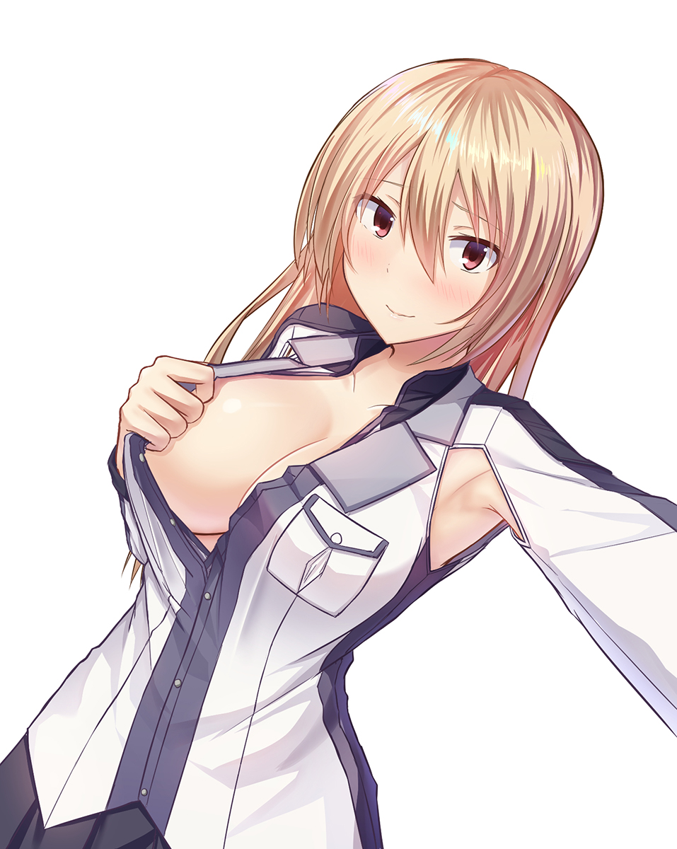 1girl armpit_cutout armpits asaba_kakeru blonde_hair blush breasts brown_eyes closed_mouth dutch_angle hair_between_eyes highres jacket jacket_pull large_breasts long_hair long_sleeves looking_at_viewer no_bra open_clothes open_jacket original pulled_by_self self_shot simple_background smile solo upper_body white_background