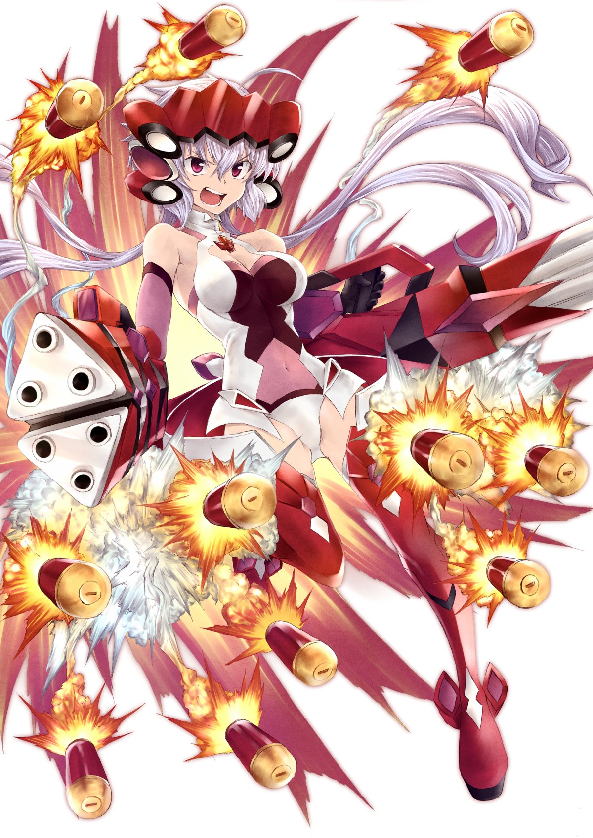 &gt;:d 1girl :d bodysuit boots bow breasts cleavage covered_navel gatling_gun groin_tendon gun hair_between_eyes hair_bow highres itano_circus judo_fuu long_hair medium_breasts missiles open_mouth red_eyes senki_zesshou_symphogear silver_hair smile solo thigh-highs thigh_boots thighs weapon white_background yukine_chris