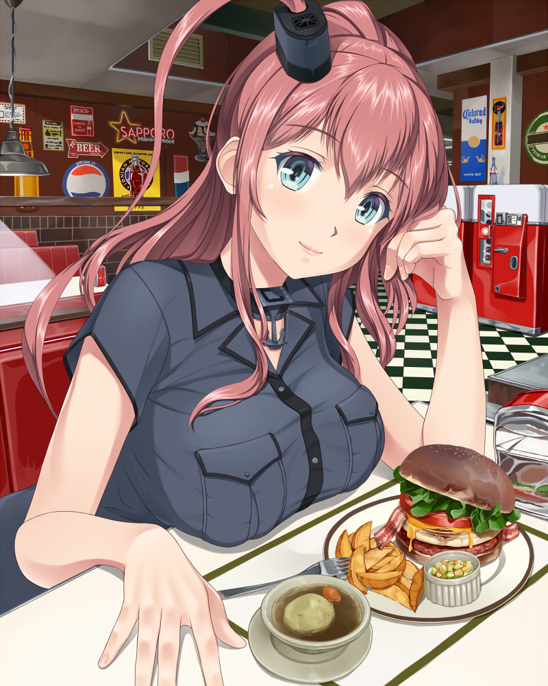 1girl bangs blue_eyes blush breast_rest breasts brown_hair checkered checkered_floor closed_mouth diner eyebrows_visible_through_hair food fork hair_between_eyes hamburger hammerman_benkei indoors kantai_collection large_breasts light_smile long_hair looking_at_viewer one_side_up potato_wedges saratoga_(kantai_collection) short_sleeves sidelocks sitting smile solo soup