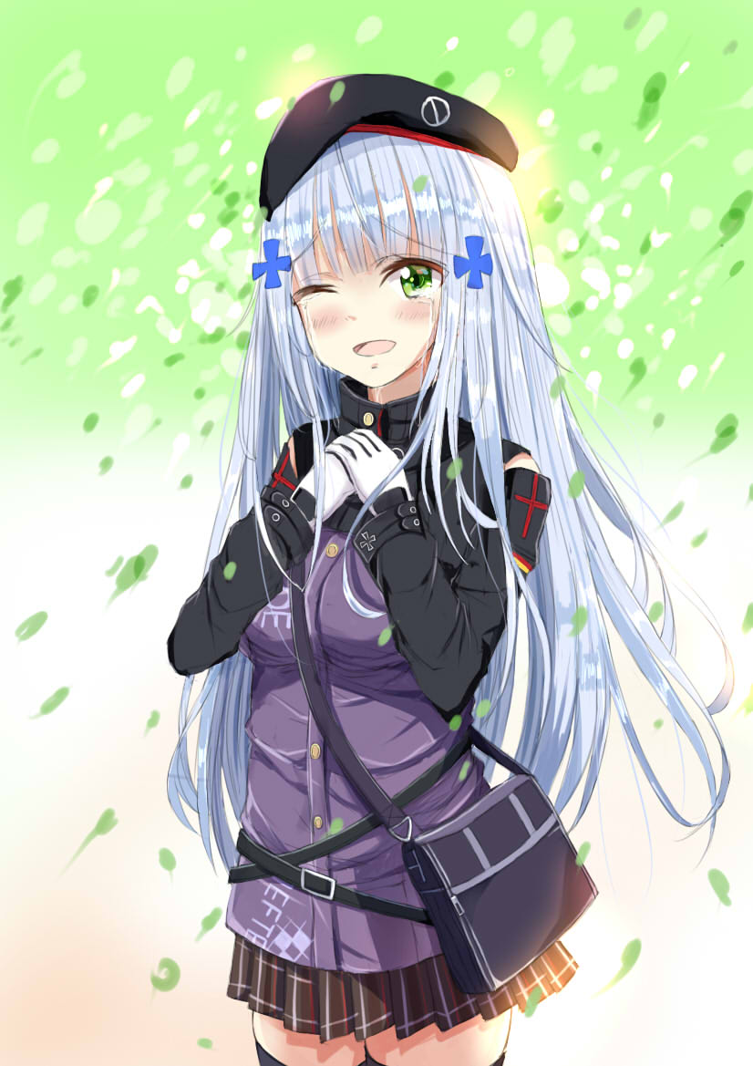 1girl ;d bag beret black_hat black_legwear black_skirt blue_hair blush breasts cowboy_shot crying crying_with_eyes_open german_flag girls_frontline gloves gradient gradient_background green_eyes hair_ornament hands_on_own_chest hat hk416_(girls_frontline) jacket long_hair long_sleeves looking_at_viewer medium_breasts miniskirt natsuki_(digretking) one_eye_closed open_mouth own_hands_together plaid plaid_skirt pleated_skirt purple_jacket shiny shiny_hair shoulder_bag skirt smile standing streaming_tears tears thigh-highs very_long_hair white_gloves zettai_ryouiki