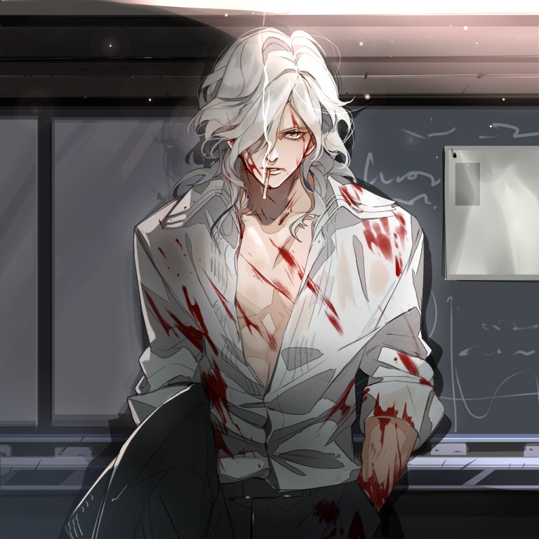 1boy blood blood_on_face bloody_clothes cigarette collarbone edmond_dantes_(fate/grand_order) fate/grand_order fate_(series) hand_in_pocket jacket jacket_removed juer1004 long_hair long_sleeves looking_at_viewer male_focus open_clothes open_shirt parted_lips shirt silver_hair solo wavy_hair yellow_eyes