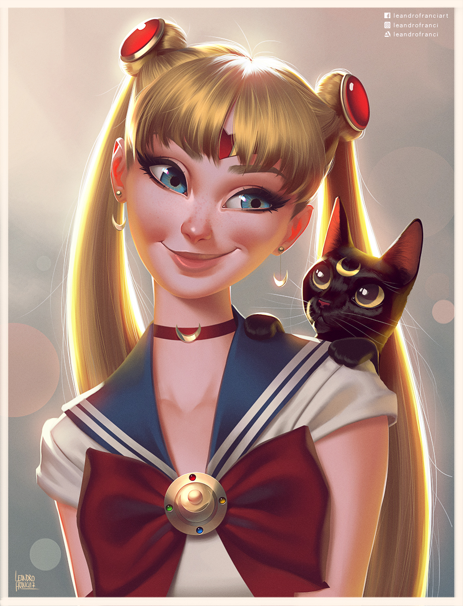 1girl artist_name artstation_username backlighting bangs bishoujo_senshi_sailor_moon black_cat blouse blue_eyes blue_sailor_collar bow bowtie cat choker closed_mouth crescent crescent_earrings crescent_moon crescent_moon_choker double_bun earrings eyelashes facebook_username forehead_jewel head_tilt highres impossible_earrings instagram_username jewelry leandro_franci lips long_hair looking_to_the_side luna_(sailor_moon) magical_girl moon nose realistic red_neckwear sailor_collar sailor_moon short_sleeves solo upper_body white_blouse