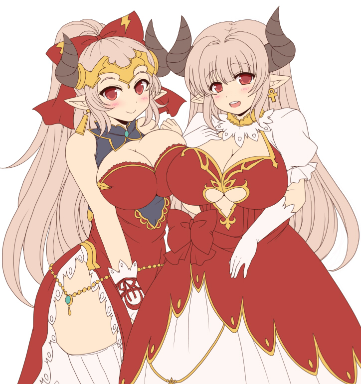 2girls afuro alicia_(granblue_fantasy) aliza_(granblue_fantasy) breasts doraf dress elbow_gloves gloves granblue_fantasy horns large_breasts long_hair mother_and_daughter multiple_girls pointy_ears red_eyes silver_hair