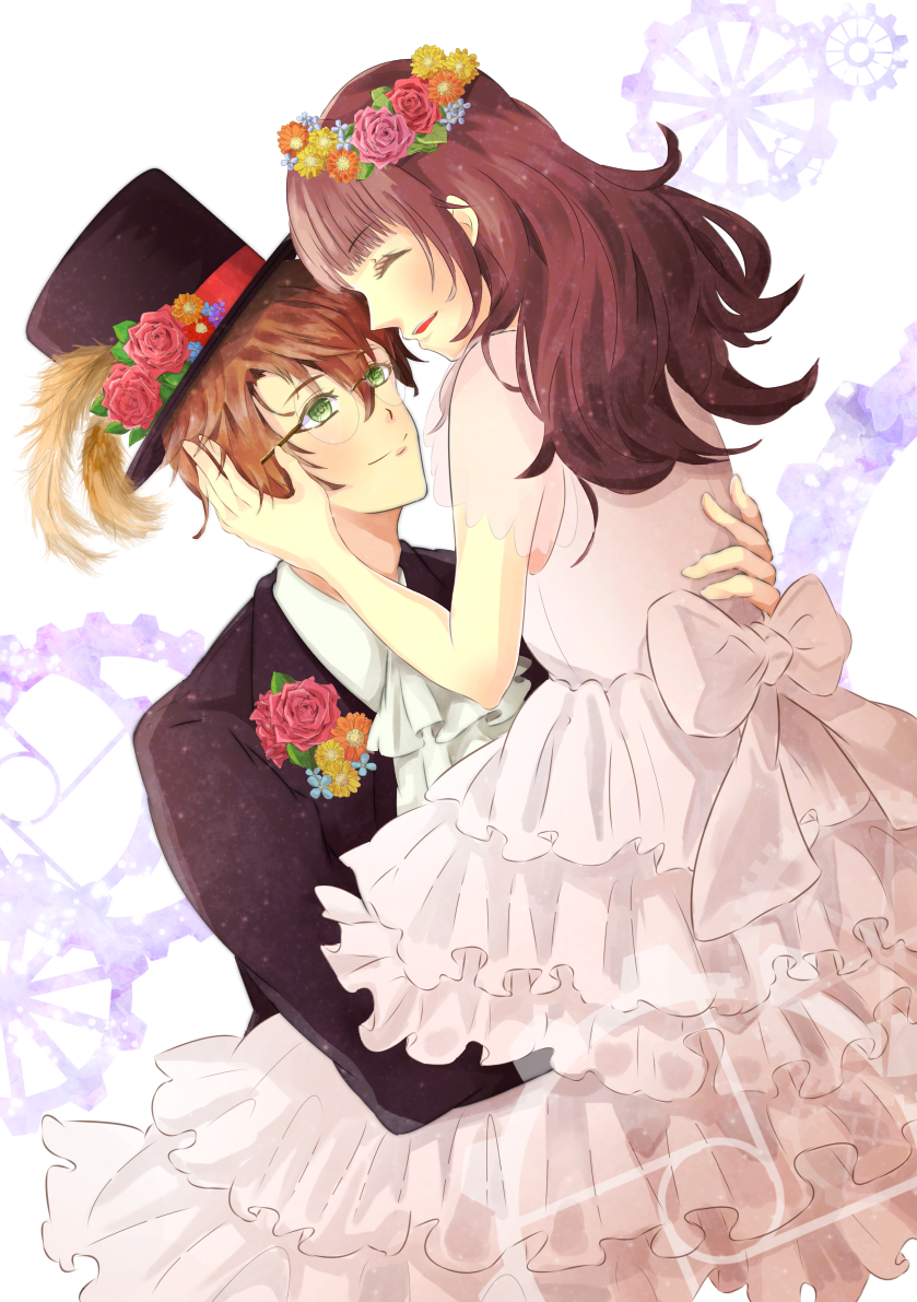 1boy 1girl black_hat brown_hair cardia_beckford code:realize cravat dress eye_contact formal frilled_dress frills gears glasses green_eyes hand_on_another's_face hat head_wreath hetero long_hair looking_at_another nashisakura_(rio) suit victor_frankenstein_(code:realize) white_dress