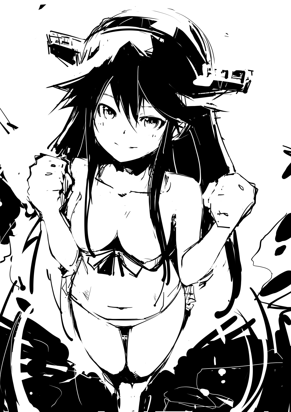 1girl alternate_costume arms_up bare_arms bare_legs bare_shoulders barefoot bikini blush breasts cleavage clenched_hands collarbone from_above front-tie_top greyscale hair_between_eyes hairband haruna_(kantai_collection) headgear highres kantai_collection large_breasts long_hair looking_at_viewer monochrome navel ocean outdoors sketch smile solo stomach swimsuit white_bikini white_swimsuit yototeitoku