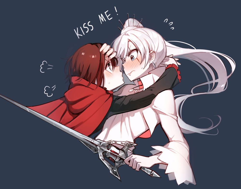 ! 2girls assertive black_dress black_hair blue_eyes blush cape capelet cropped_torso dress embarrassed english eye_contact face-to-face grey_eyes hand_on_another's_head hug kuma_(bloodycolor) long_sleeves looking_at_another multiple_girls ponytail red_cape ruby_rose rwby scar short_hair sweatdrop sword text wavy_mouth weapon weiss_schnee white_dress white_hair yuri