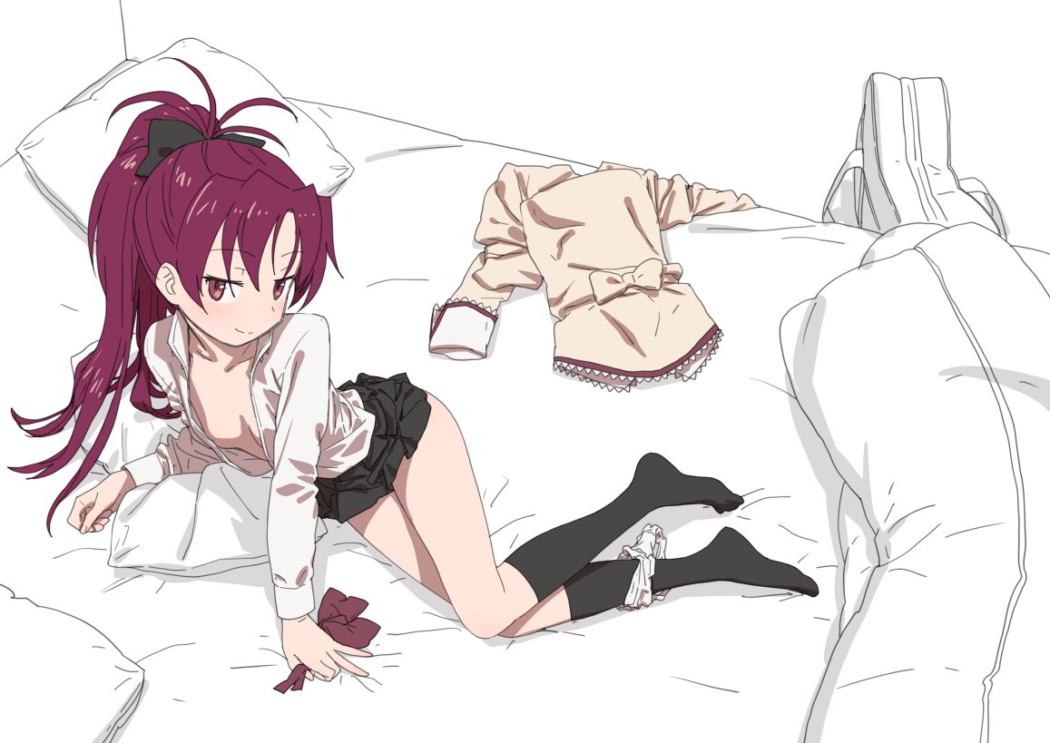 1girl arm_support bangs bed black_skirt blouse blush breasts closed_mouth clothes_removed eyebrows_visible_through_hair hair_between_eyes ikezawa_shin leaning_to_the_side long_sleeves looking_at_viewer mahou_shoujo_madoka_magica no_bra no_shoes on_bed panties panties_around_leg pleated_skirt ponytail red_eyes redhead sakura_kyouko seductive_smile simple_background sitting skirt small_breasts smile socks solo underwear white_background white_blouse white_panties