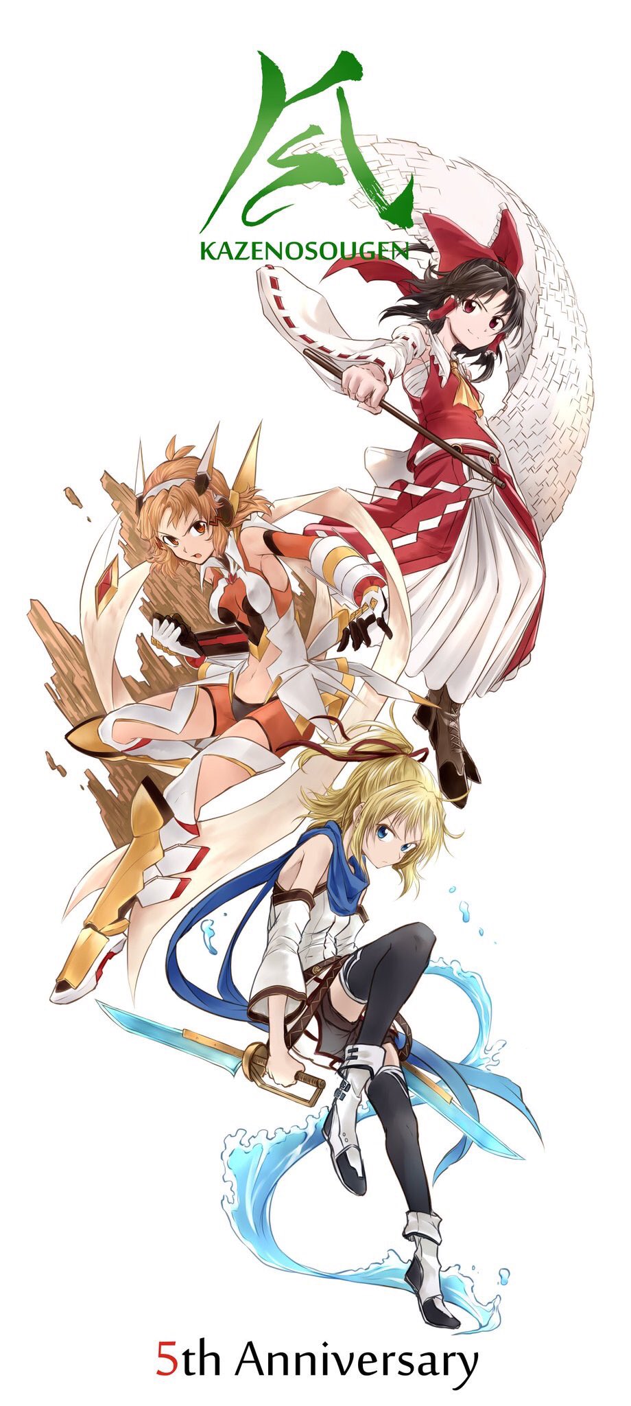 3girls artist_name black_hair blonde_hair blue_eyes bodysuit boots bow brown_eyes brown_hair detached_sleeves determined dual_wielding elbow_gloves gloves gohei hair_bow hair_tubes hakurei_reimu headphones highres judo_fuu long_hair looking_at_viewer multiple_girls navel_cutout nontraditional_miko ofuda orange_eyes orange_hair original ponytail red_eyes scarf senki_zesshou_symphogear short_hair smile sword tachibana_hibiki_(symphogear) thigh-highs touhou water weapon wide_sleeves zettai_ryouiki