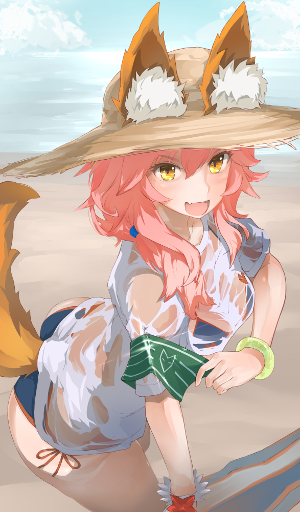 &gt;:d 1girl :d animal_ears arched_back armband bangs beach bikini blue_bikini bracelet fang fate/grand_order fate_(series) fox_ears fox_print fox_tail from_side hair_between_eyes hat jewelry kneeling long_hair looking_at_viewer open_mouth see-through shirt short_sleeves smile solo straw_hat sun_hat swimsuit tail tamamo_(fate)_(all) tamamo_no_mae_(swimsuit_lancer)_(fate) wavy_hair wet wet_clothes wet_shirt yamaioni_(sasakama)