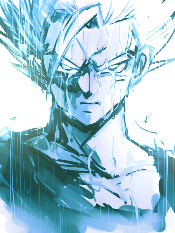 1boy blue crying crying_with_eyes_open dragon_ball dragonball_z looking_at_viewer male_focus monochrome ochanoko_(get9-sac) rain serious short_hair simple_background son_gohan spiky_hair super_saiyan tears white_background