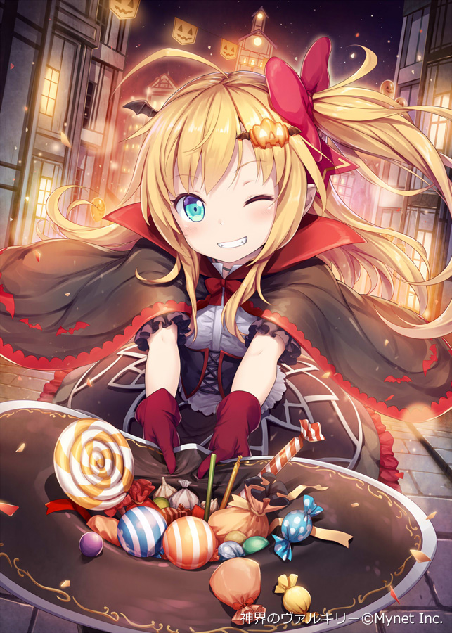 1girl age_regression akkijin alchemist_(shinkai_no_valkyrie) bat_wings blonde_hair blue_eyes candy food gloves hair_ornament hair_ribbon halloween halloween_costume hat night night_sky one_eye_closed pumpkin red_gloves red_ribbon ribbon shinkai_no_valkyrie sky solo star_(sky) starry_sky vampire_costume village wings witch witch_hat younger