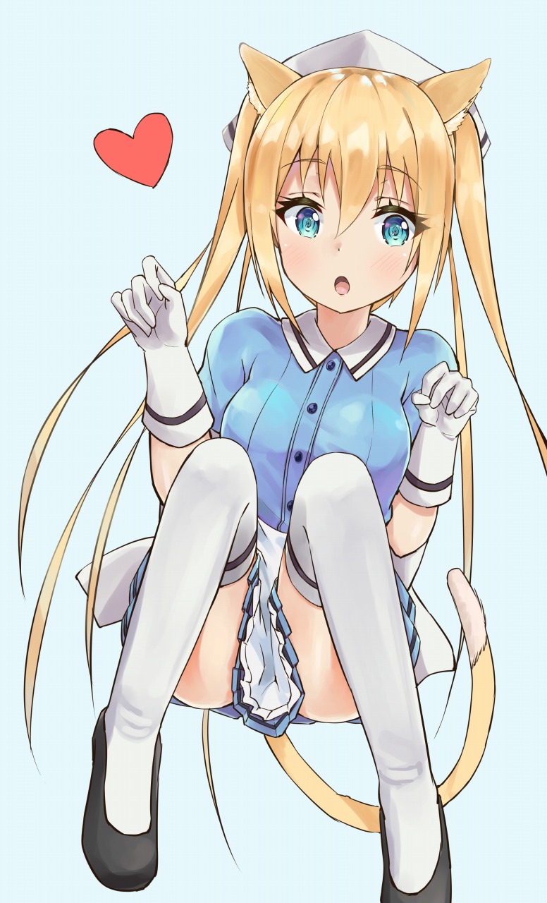 1girl animal_ears bangs black_footwear blend_s blonde_hair blouse blue_background blue_blouse blue_eyes blush cat_ears cat_tail eyebrows_visible_through_hair gloves hair_between_eyes hand_up head_scarf highres hinata_kaho knees_up looking_at_viewer open_mouth racchi. shoes sidelocks simple_background sitting solo tail thigh-highs twintails white_gloves white_legwear