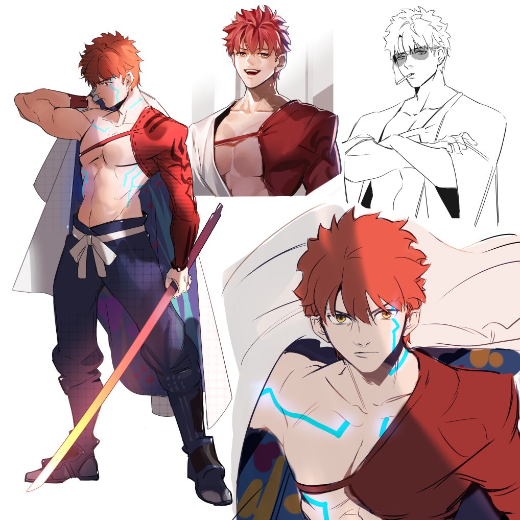 1boy bare_chest character_sheet emiya_shirou fate/grand_order fate_(series) glowing_tattoo igote juer1004 limited/zero_over male_focus orange_hair sword weapon yellow_eyes