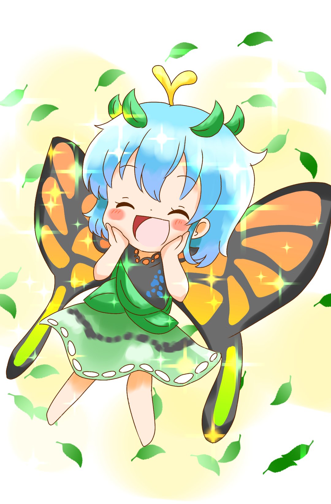 1girl :d ^_^ antennae blue_hair blush_stickers butterfly_wings chibi closed_eyes dress eternity_larva hands_on_own_cheeks hands_on_own_face head_wreath highres leaf natsune_ilasuto open_mouth short_hair smile solo sparkle touhou wings