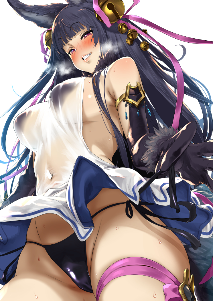 1girl animal_ears armlet bangs bare_shoulders bell bikini bikini_under_clothes black_bikini black_gloves black_hair blunt_bangs blush breasts commentary_request covered_navel dress elbow_gloves erun_(granblue_fantasy) eyebrows_visible_through_hair fox_ears fox_tail gloves granblue_fantasy grin hair_bell hair_ornament hair_ribbon hips jewelry large_breasts long_hair open-back_dress pija_(pianiishimo) purple_ribbon ribbon see-through side-tie_bottom sideboob simple_background smile solo sweat swimsuit tail thigh_ribbon violet_eyes waist white_background white_dress yuel_(granblue_fantasy)