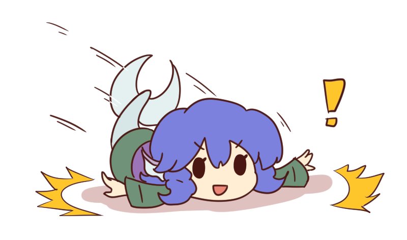 ! :d blue_hair chibi fish_tail frown green_kimono head_fins japanese_clothes kimono landing mermaid monster_girl motion_lines notnoe open_mouth outstretched_arms shadow simple_background smile solid_oval_eyes touhou wakasagihime